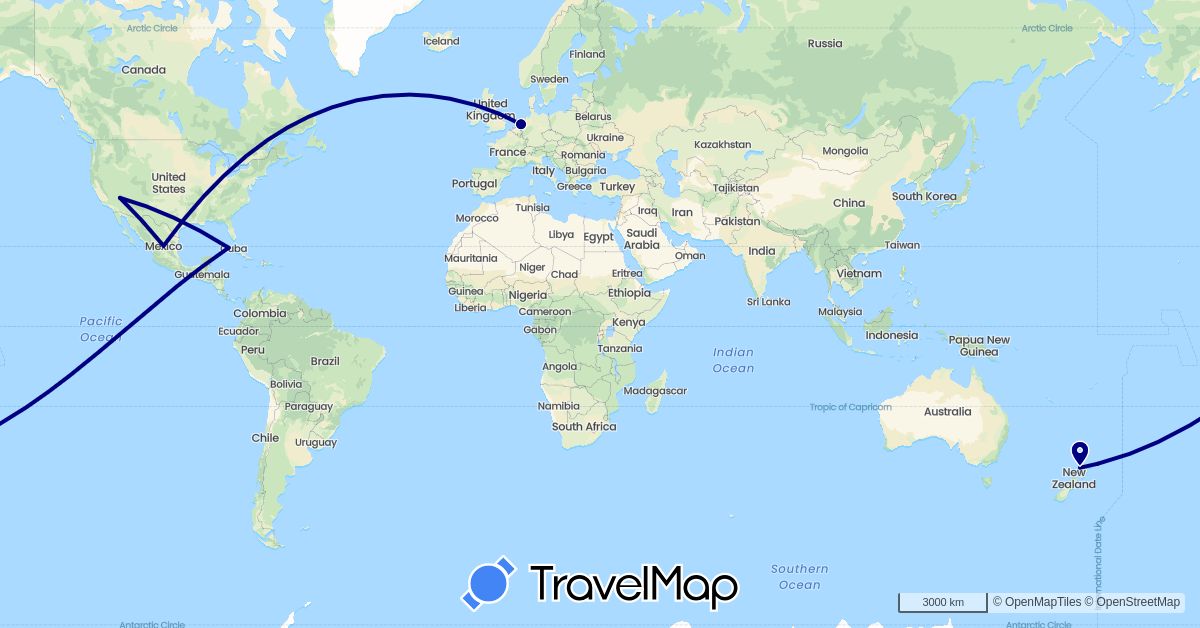 TravelMap itinerary: driving in Cuba, Mexico, Netherlands, New Zealand, United States (Europe, North America, Oceania)